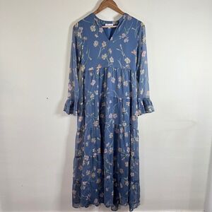 Patrons Of Peace Floral Tiered Maxi Dress Long Sleeve Blue Lined Womens XS Boho